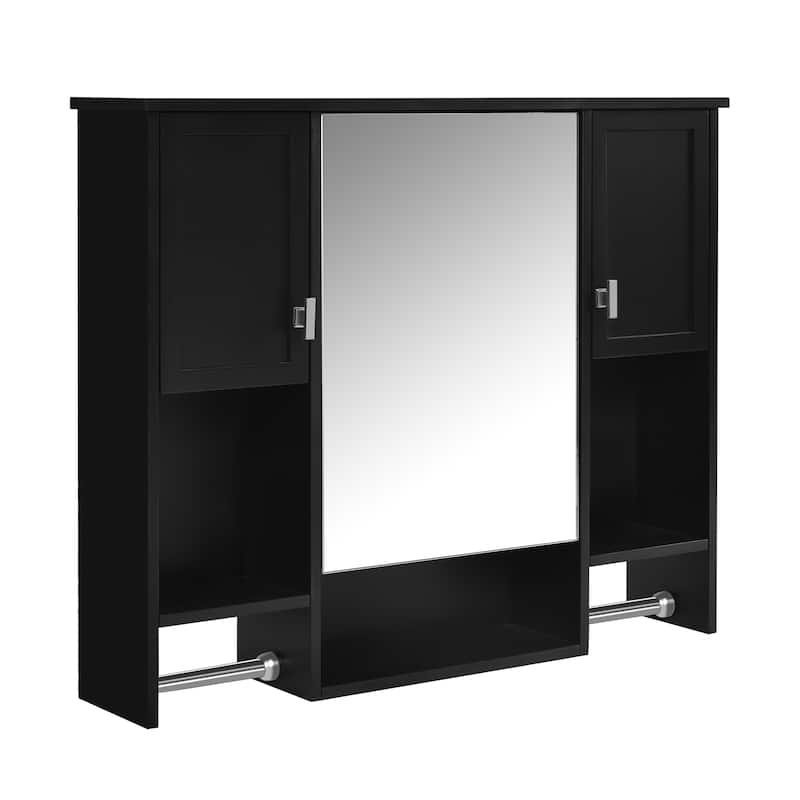 Roomfitters 35"x28" Wall Mounted Mirror Cabinet, Bathroom Storage with Towel Bar, Modern Medicine Cabinet for Wall Use, Black