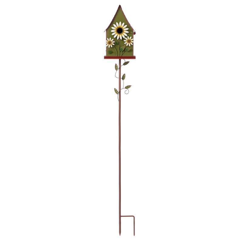 Glitzhome 52.5''H Blue Green Metal Sunflower Decorative Garden Birdhouse with Stake