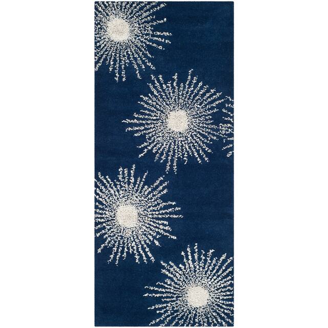 SAFAVIEH Handmade Soho Miyase Modern Burst New Zealand Wool Rug - 2'6" x 6' Runner - DarkBlue/Ivory