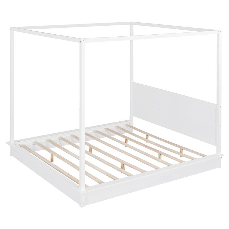 Wooden Canopy Bed Platform Bed Frame Mattress Foundation with LED Light Strips, Slat Support, No Box Spring Needed, White