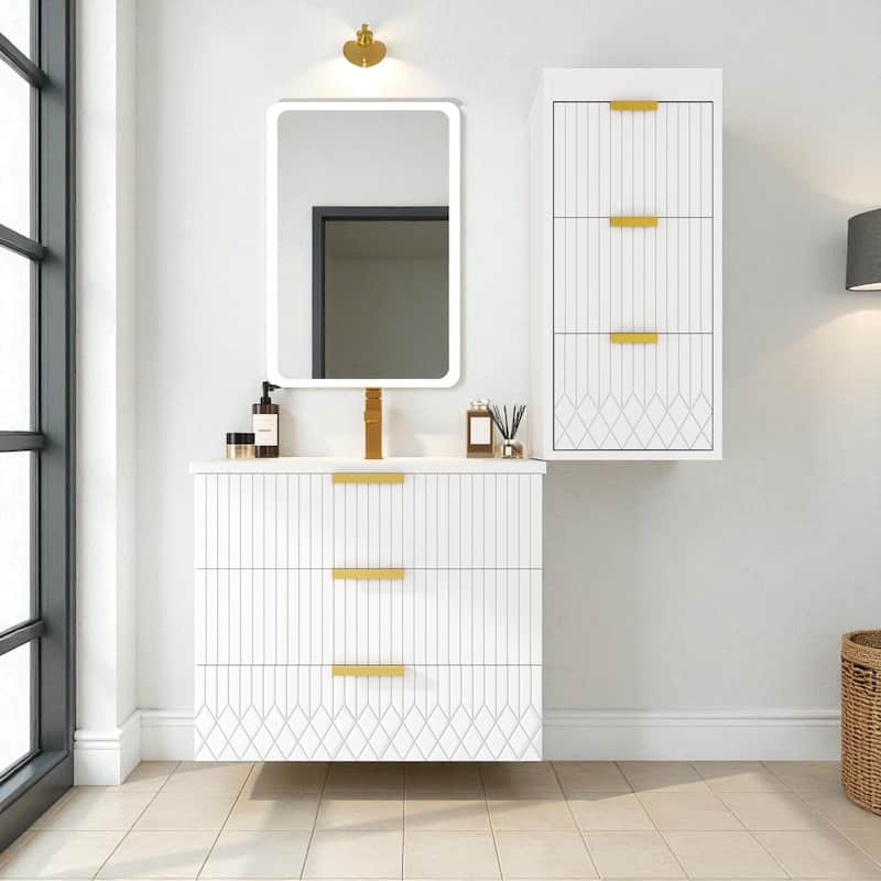 24" Wall Mounted Floating Bathroom Vanity with Side Cabinet, Modern Rectangular Sink with Overflow and Single Faucet Hole