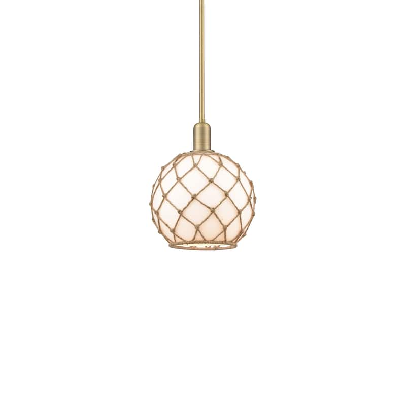 Innovations Lighting 716-1S-13-10 Farmhouse Rope Pendant Farmhouse - Brushed Brass / White Glass with Brown Rope