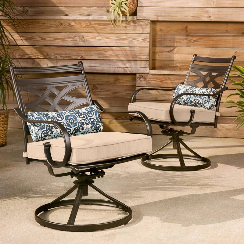 Hanover Montclair 11-Piece Dining Set in Tan with 10 Swivel Rockers and a 60-In. x 84-In. Table