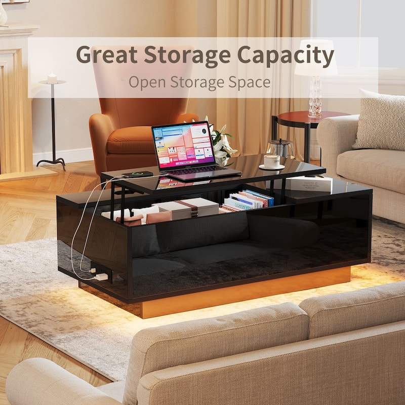 47" LED Lift Top Coffee Table with Charging Station, Hidden Storage & 7-Color Lights, Modern High Gloss Center Table
