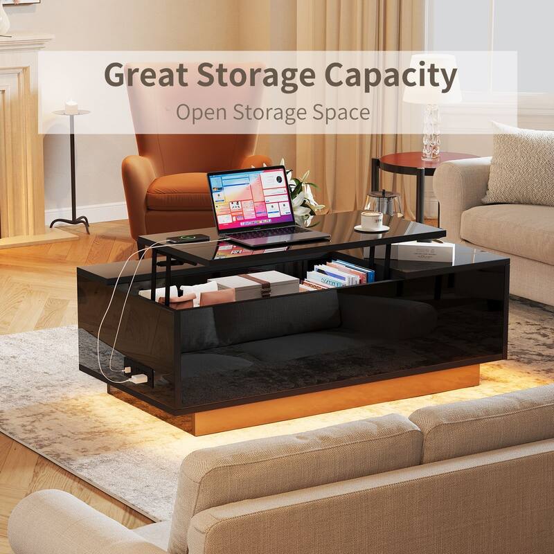 Meyreso 47" Modern LED Coffee Table with Lift Top, All Black Coffee Table with Storage High Gloss Surface