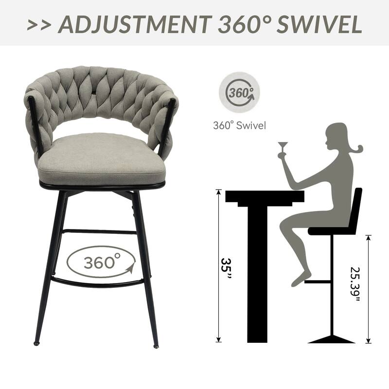 Linen Woven Bar Stool Set of 2, Counter Height Bar Stools with Back, Upholstered Kitchen Island Chairs with Footrest