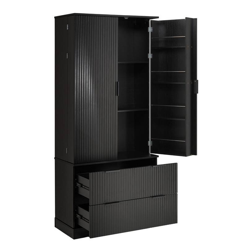 72" Fluted Kitchen Pantry Cabinet, Freestanding Cupboard Storage Cabinet with 2 Drawers for Smart Organization