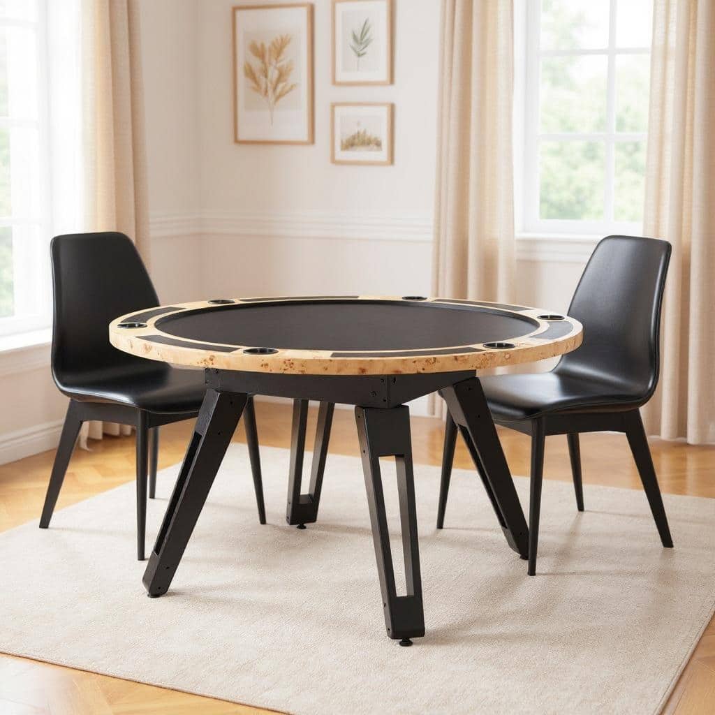 HomeRoots 54" Natural Burl And Black Round Convertible Game Table - 54.00 in. x 30.70 in. x 54.00 in.