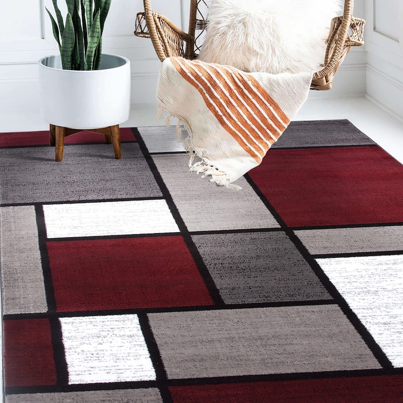 World Rug Gallery Contemporary Modern Boxed Color Block Area Rug - 9' x 12' - Red