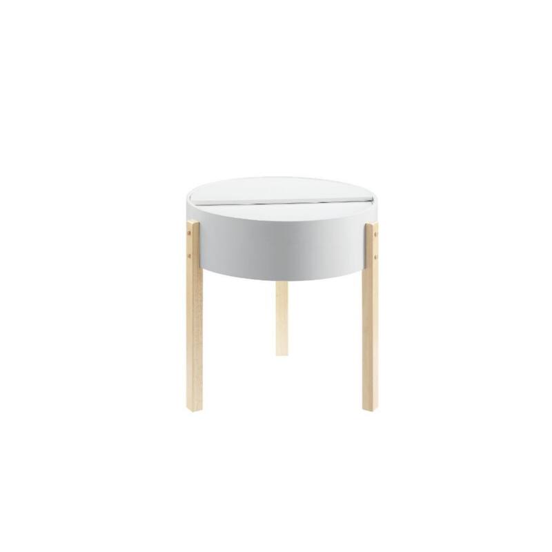 21" Round White and Natural Brown Wood End Table with Hidden Storage for Living Room Decor - 20"Dia x 21"H