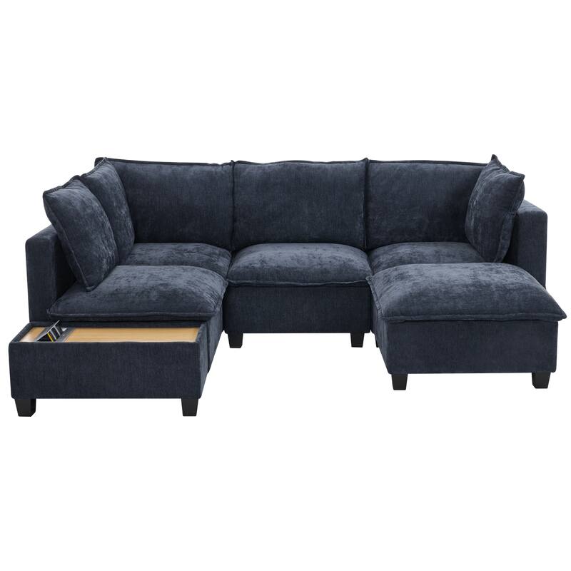 90" Chenille U-Shaped Sectional Sofa with Movable Ottoman, Coffee Table with Hidden Charging Devices, and Free Configurations