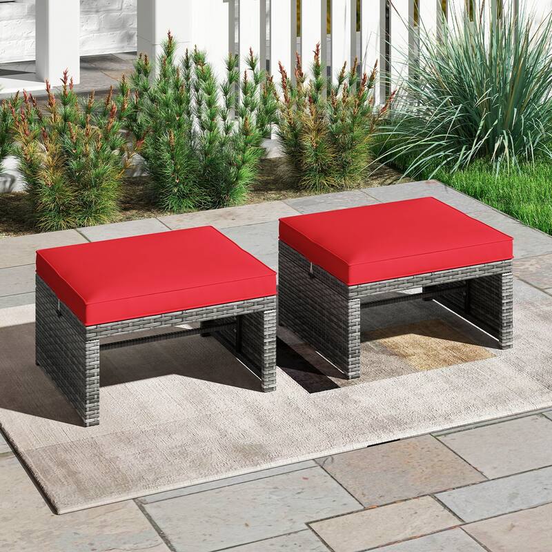 Gymax 2 Pieces Patio PE Rattan Ottomans with Soft Zippered Cushions