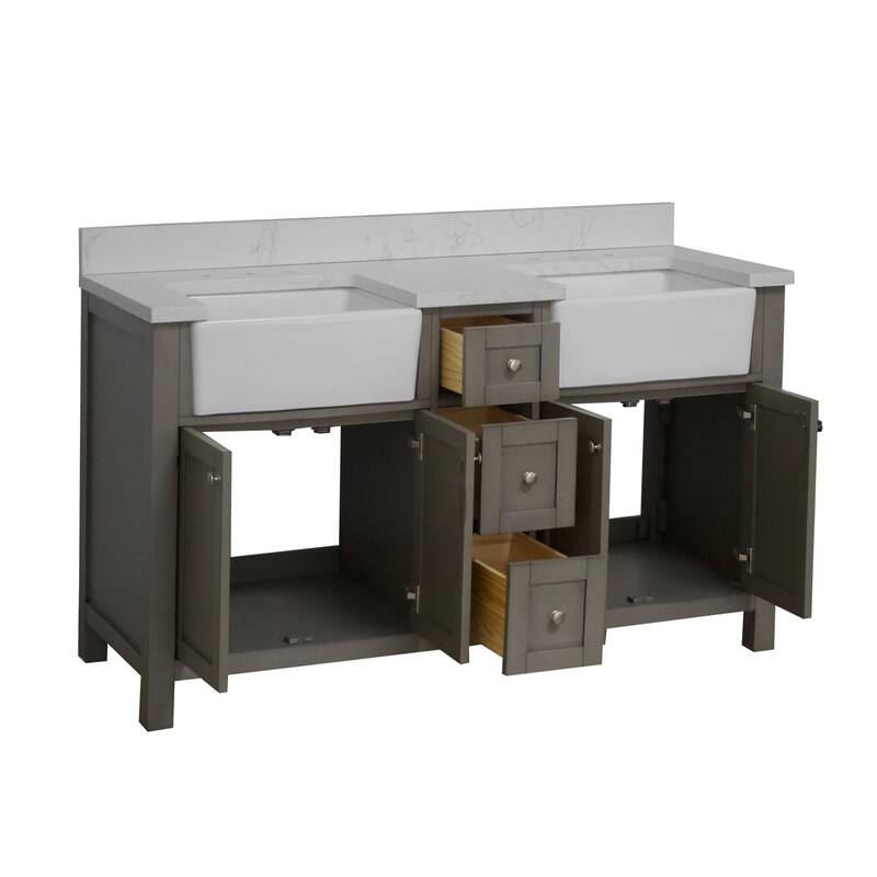 KitchenBathCollection Yorkshire 60" Double Farmhouse Vanity with Engineered Marble Top