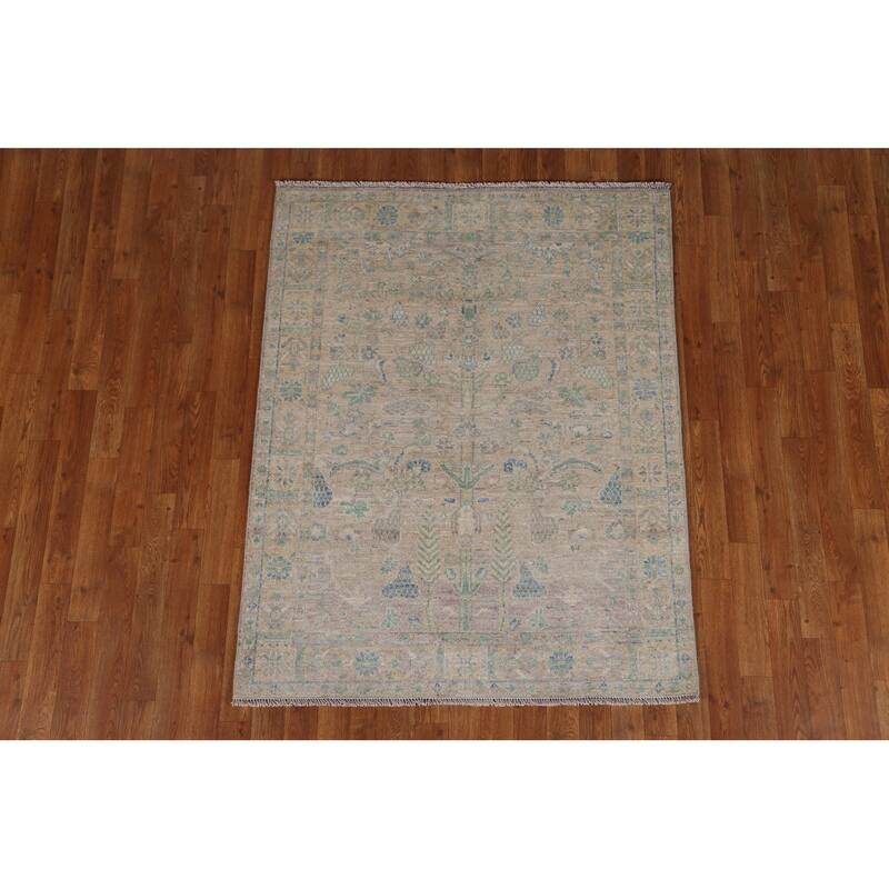 Hand Knotted Oriental 100% Wool Carpet Transitional Geometric Beige & Ivories Oushak Area Rug - 4' 11'' X 3' 10''