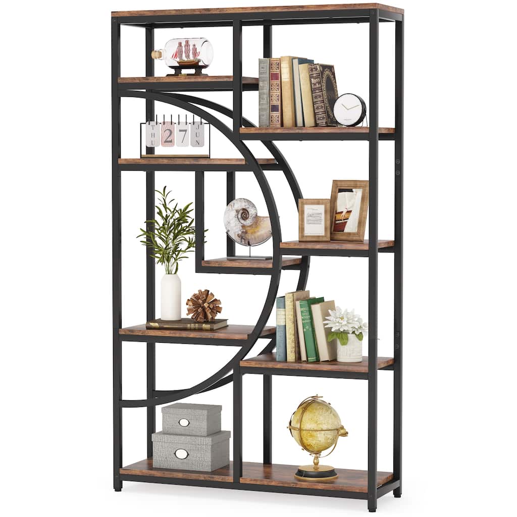 Industrial Etagere Bookcase with 8-Open Storage Shelf, Tall Geometric Book Shelves