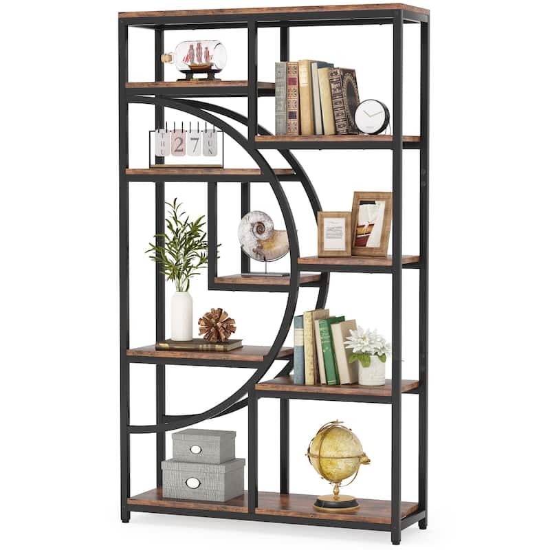 Industrial Etagere Bookcase with 8-Open Storage Shelf, Tall Geometric Book Shelves - Rustic Brown