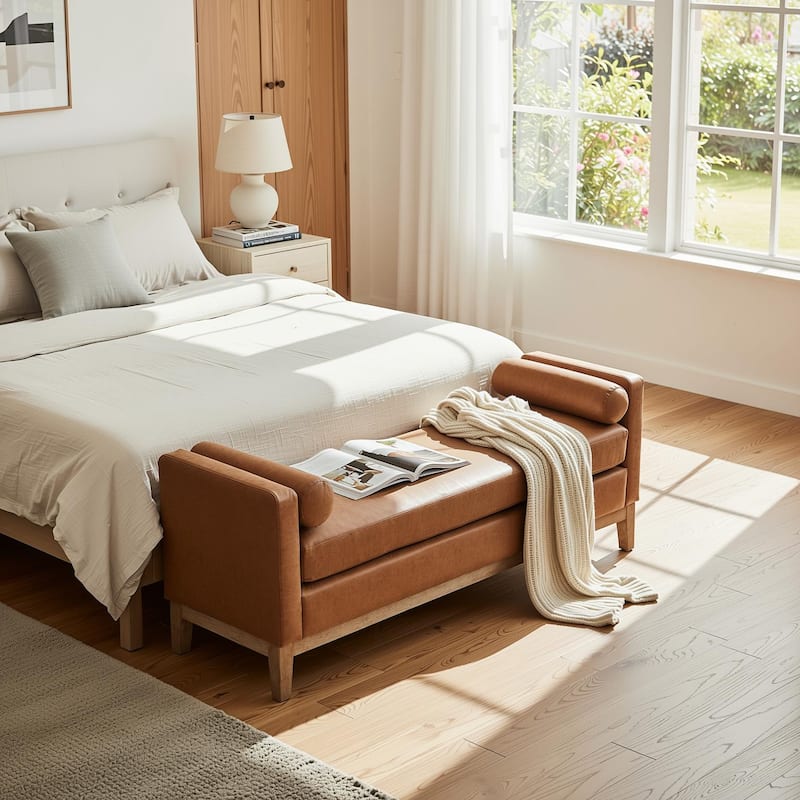 Homy Casa Upholstered Bench Sofa with Pillows, Wooden, Entry Living - Rubber