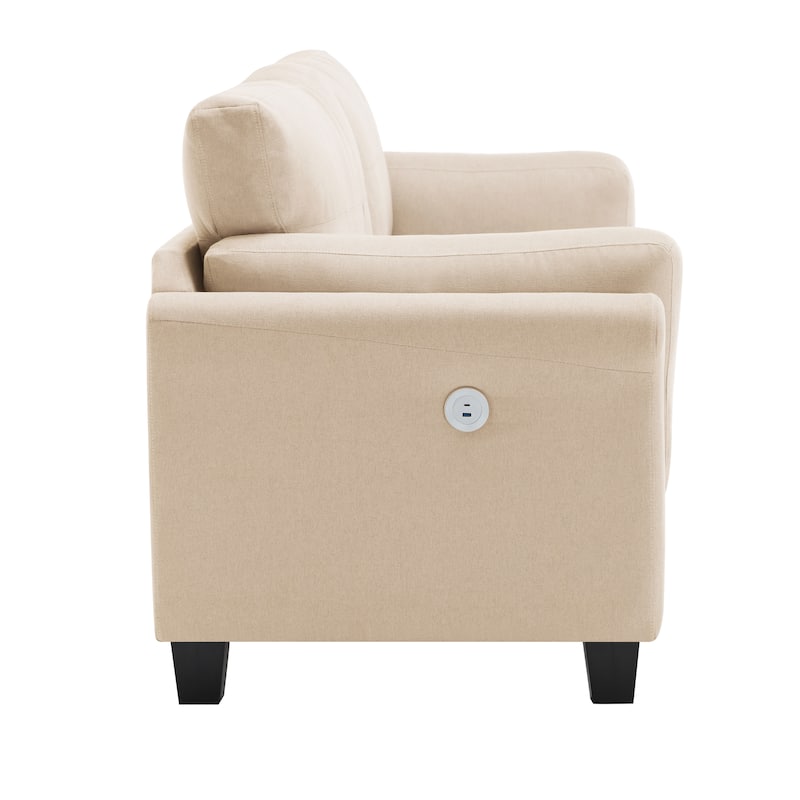 Khaki Modern 79" Button Tufted Linen Upholstered 3-seater Sofa with 2 USB Ports and Solid Square Plastic Foot