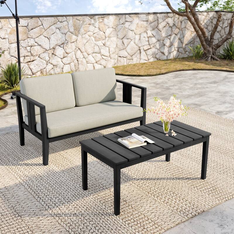Teak Wood Water Resistant Outdoor Loveseat and Coffee Table Set (Set of 2)