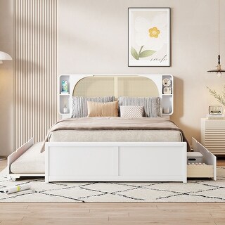 Queen Size Platform Bed with Rattan Headboard, Storage Drawers and Pull-Out Trundle for Extra Sleeping Space