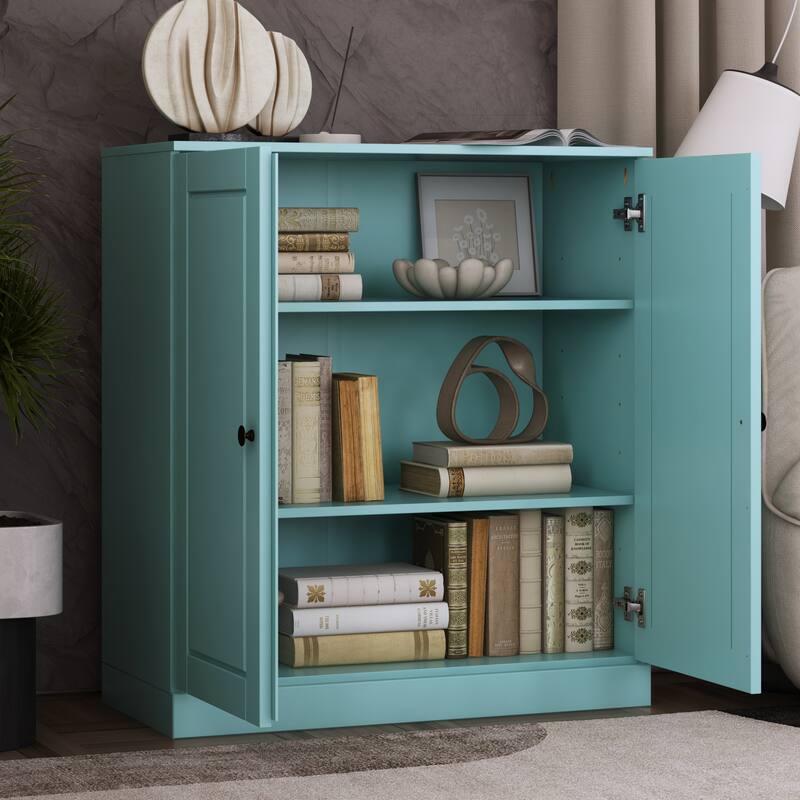 Palace Imports 100% Solid Wood 3-Shelf Bookcase, Adjustable Shelves, 32" Wide, 35.75" Tall - Solid Doors - Aqua