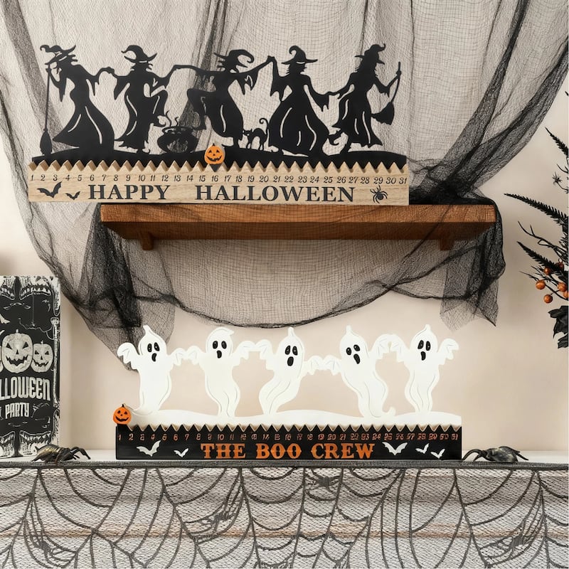 Glitzhome 18"L Happy Halloween Wooden Metal Dancing Witch & Ghost Countdown Calendar Table Decor