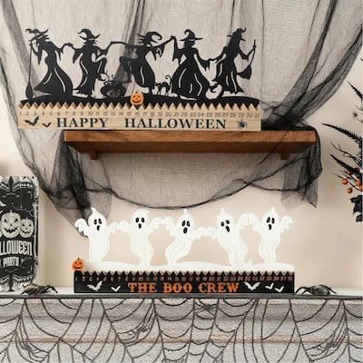 Glitzhome 18"L Happy Halloween Wooden Metal Dancing Witch & Ghost Countdown Calendar Table Decor