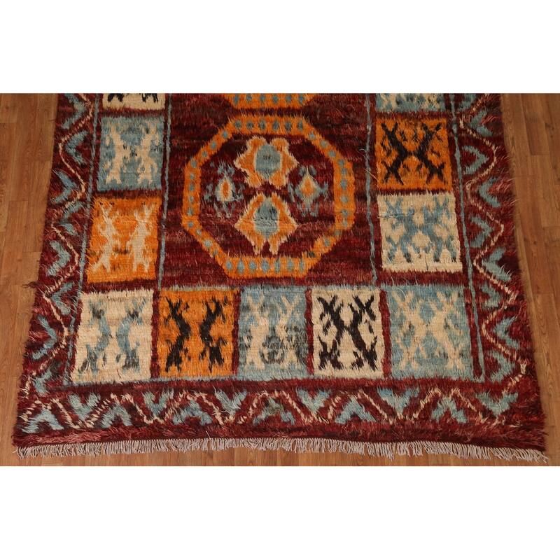 Hand Knotted Oriental 100% Wool Carpet Modern Tribal Red Moroccan Area Rug - 9' 9'' X 6' 8''