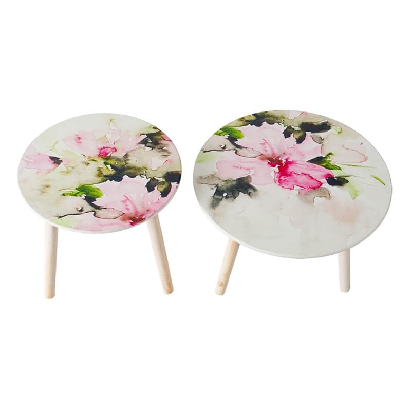 GDFStudio - S/2 Nature-Inspired Side Tables with Painted Cherry Blossom Tops - 21.7" - Pink+White