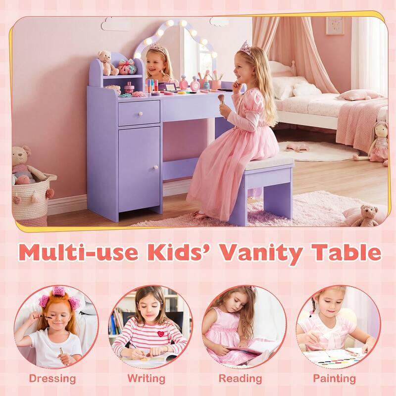 Gymax Kids Vanity Set Princess Pretend Play Makeup Desk w/ Cute