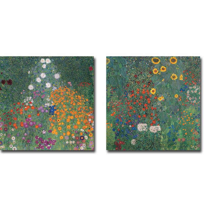 Flowery Garden & Garden with Sunflowers by Klimt 2-pc Gallery Wrapped Canvas Giclee Set (18 in x 18 in Each Canvas in Set)