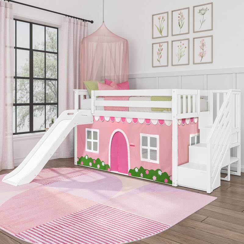 Max and Lily Classic Low Bunk with Stairs, Easy Slide and Curtain - White