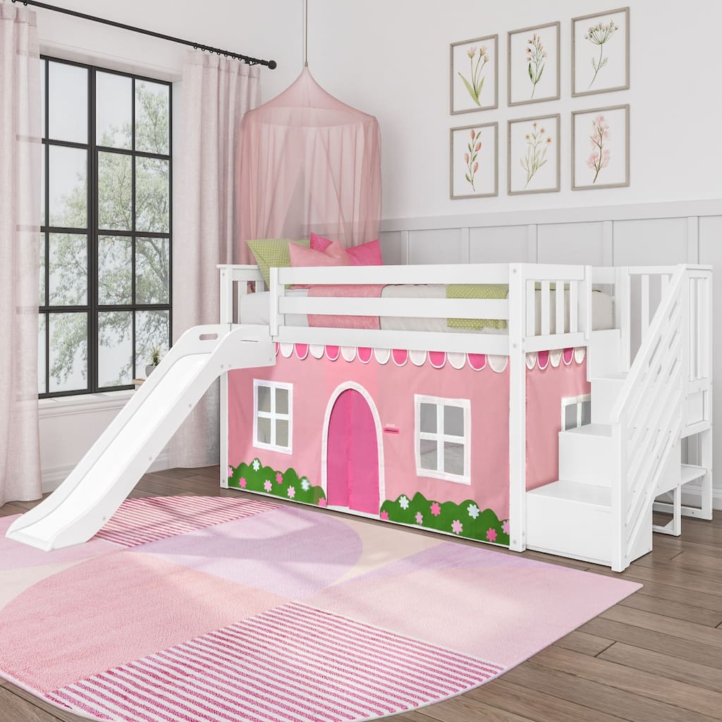 Max and Lily Classic Low Bunk with Stairs, Easy Slide and Curtain