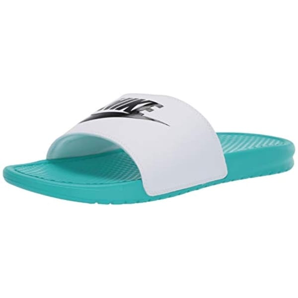 teal and white nike slides