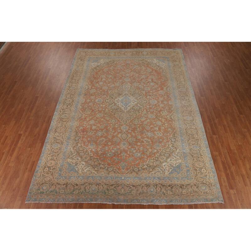 Orange Kashan Persian Vintage Area Rug Hand-Knotted Wool Carpet - 9'7"x 13'5"