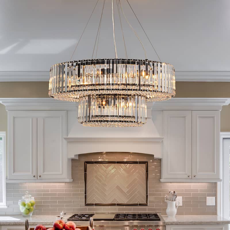 OYIPRO 6/8/12-Light Modern Round Crystal Chandelier Drum Shape Pendant Light for Kitchen Island - 12-Light 26 inches - Black