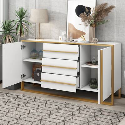 59"L Sideboard With 3 Storage Drawers and Gold Metal Legs