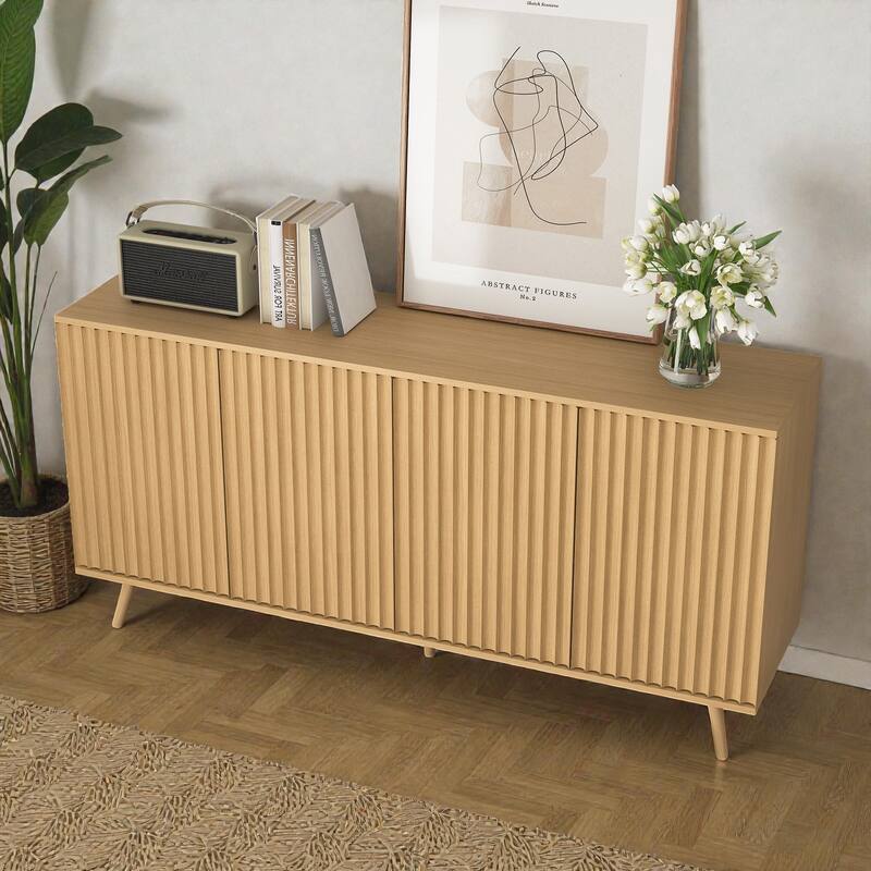 Modern Farmhouse Sideboard Storage Cabinet with 4 Doors, Wood Coffee Bar Credenza Console with Adjustable Shelves