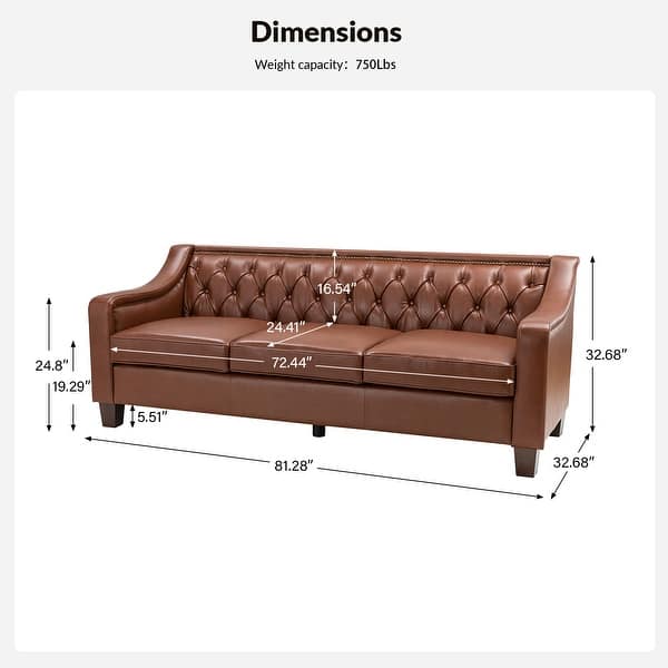 dimension image slide 3 of 8, Mateo 82.28" Wide Transitional Genuine Leather Sofa with Nailhead Trim and Button-Tufted Back