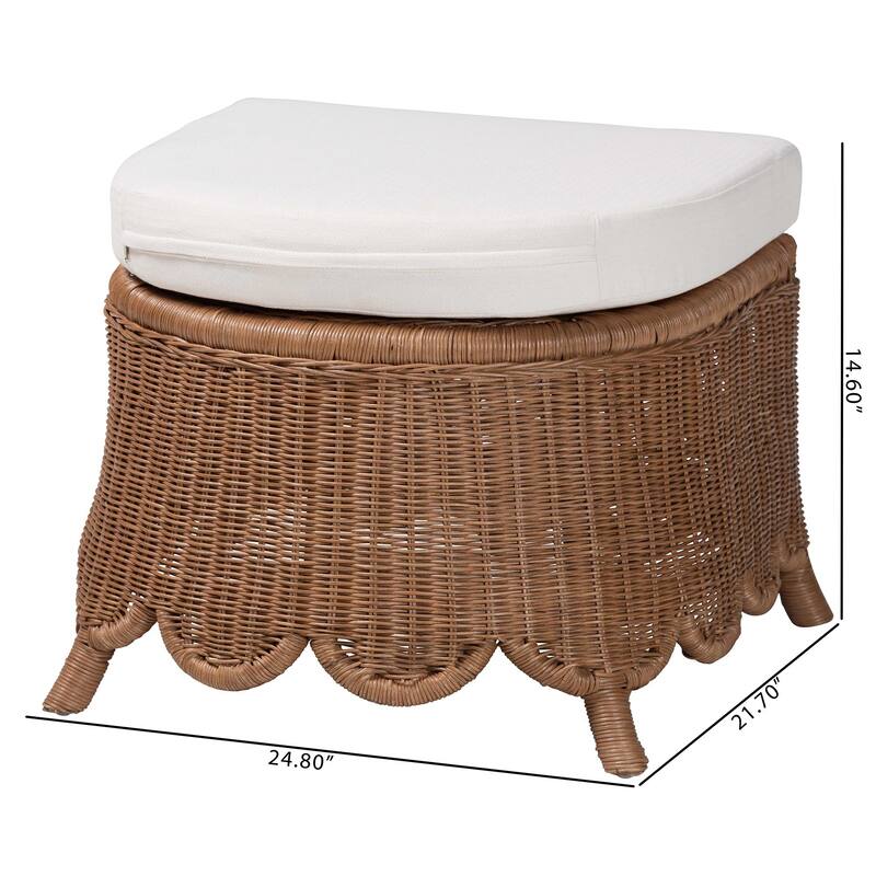 Detta Natural Rattan Footstool with Cushion - Handwoven Wicker Ottoman with Scalloped Skirt Base for Coastal Seating
