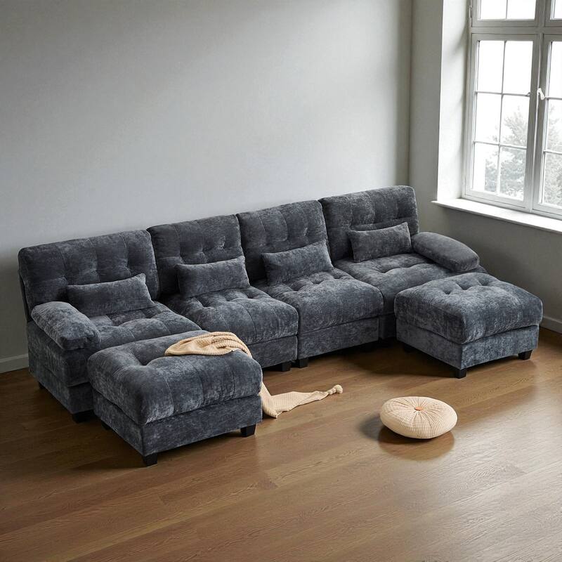 119" 4-Seater Chenille Sofa with 2 Ottomans, 4-Position Adjustable Backrest, 4 Pillows and Easy Assembly for Living Room - Blue