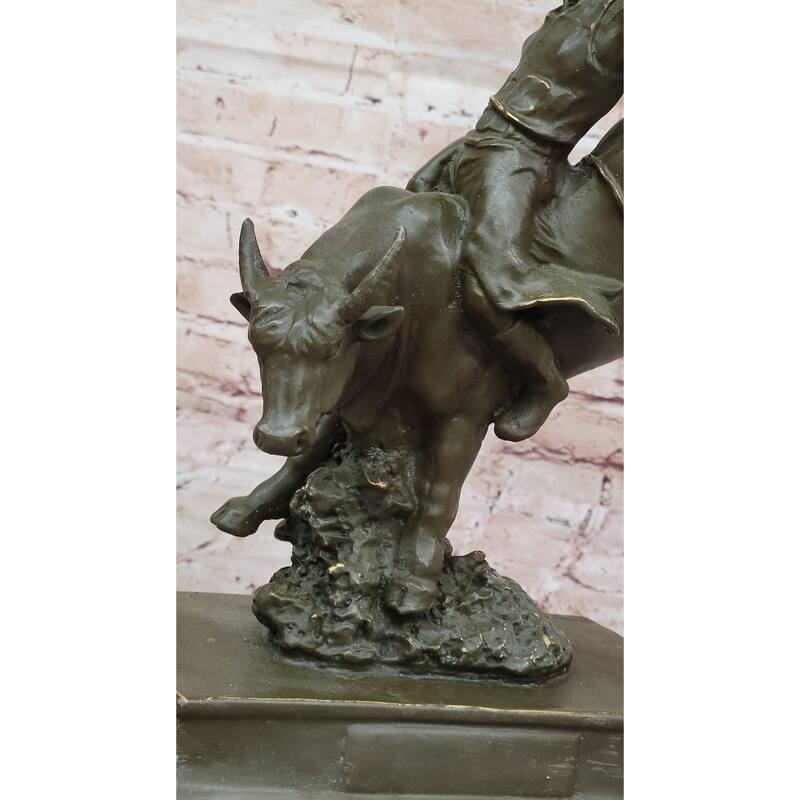 Bronze Imitative Bull Rider Sculpture On Marble Base – Western Rodeo Art