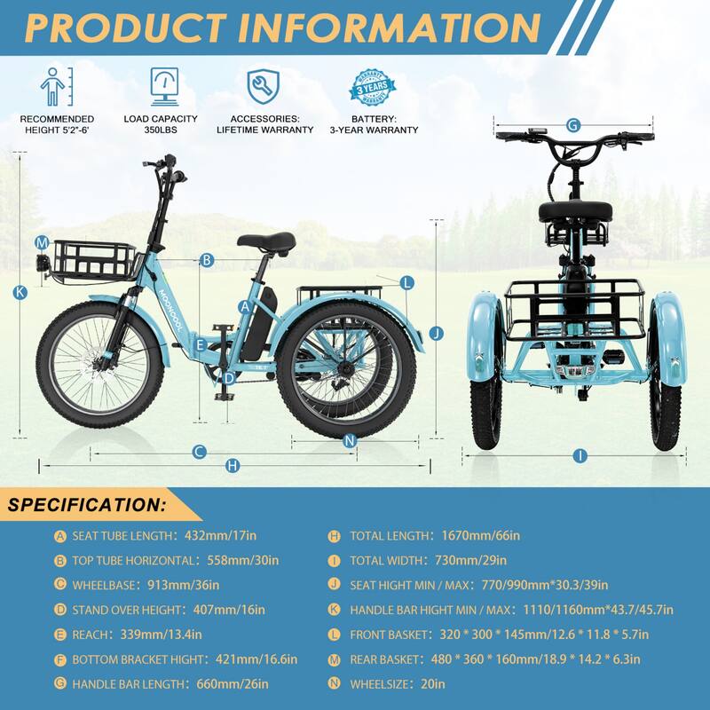 DoCred Electric Folding Tricycle for Adult with Front and Rear Baskets