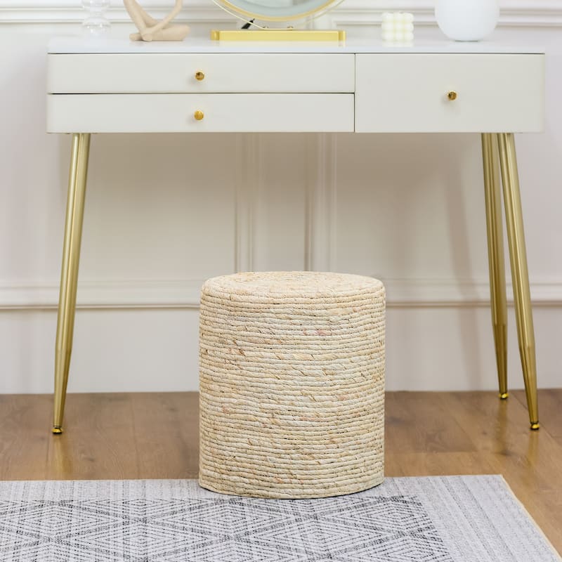 Adeco Round Ottoman Natural Cattail Hand Weave Foot Stool - 14.5" Height - Beige