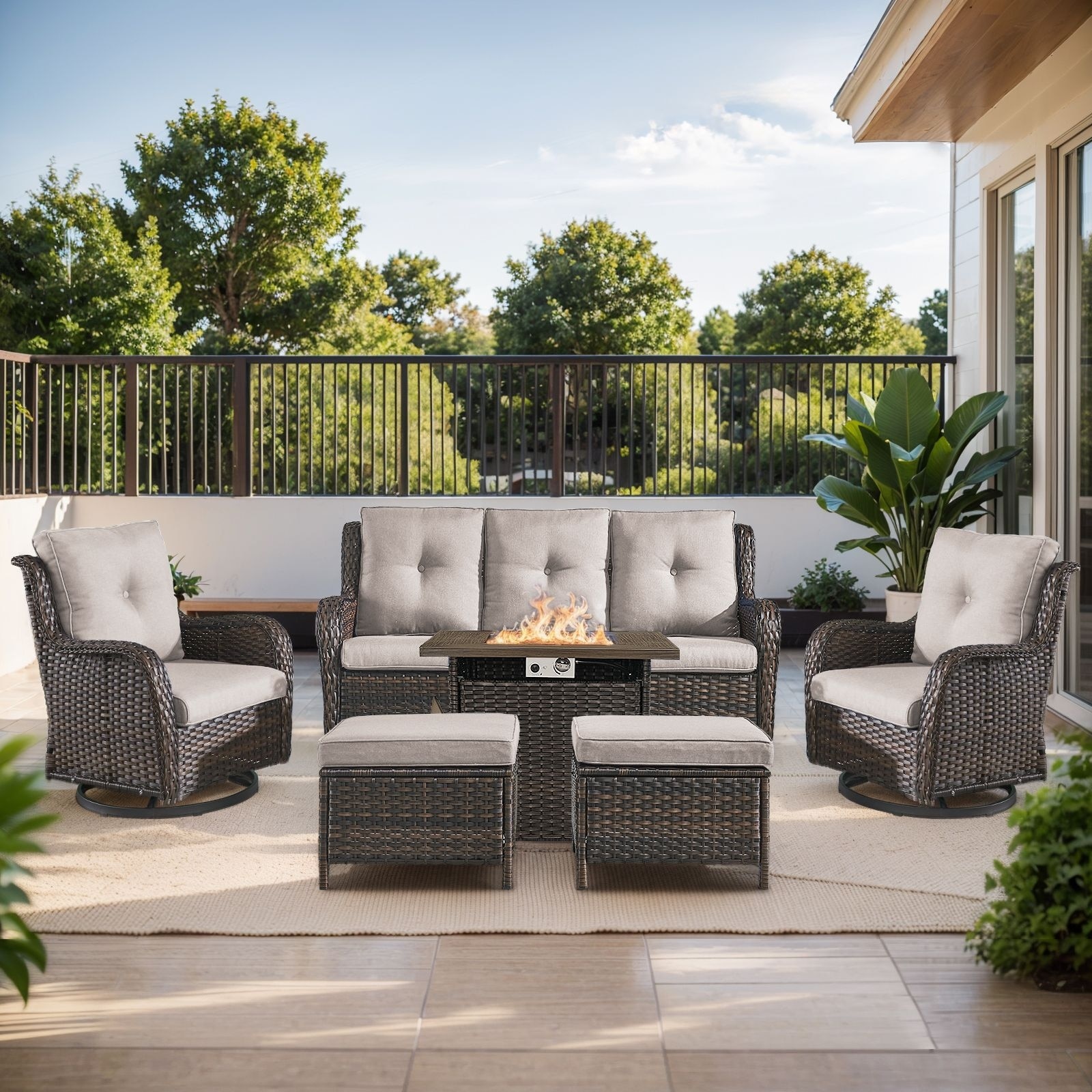 Fire Pit Table with Sofa 2 Swivel Chairs Ottomans Brown-Beige - Brown