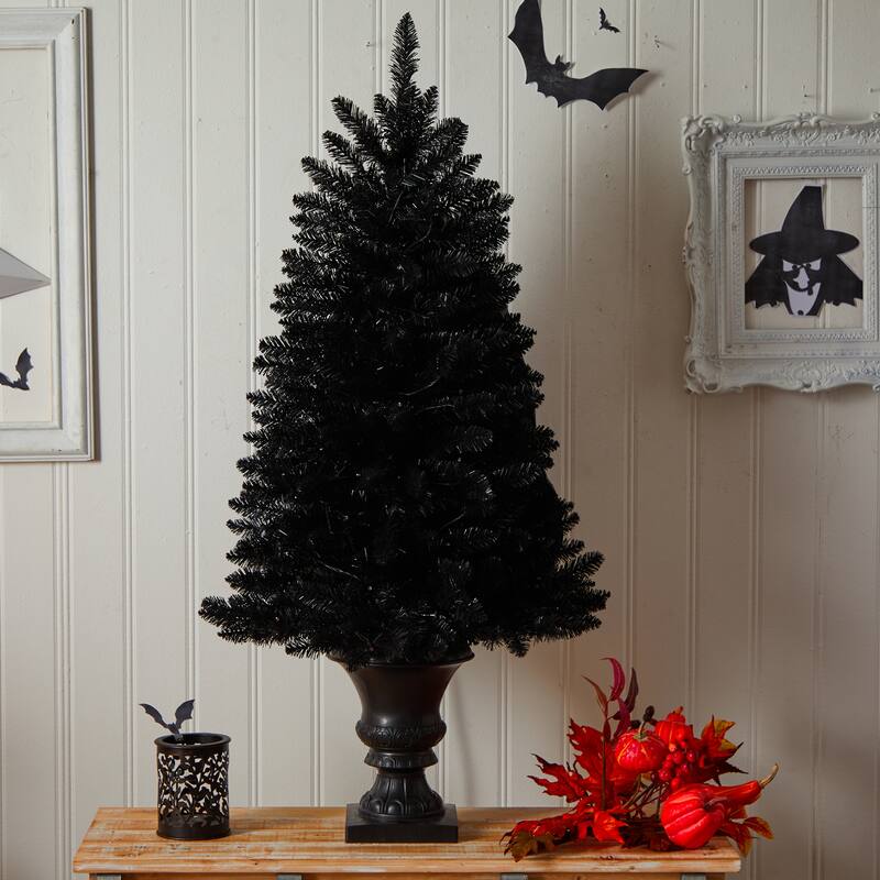 4' Black Halloween Artificial Christmas Tree in Urn with 100 Orange LED Lights