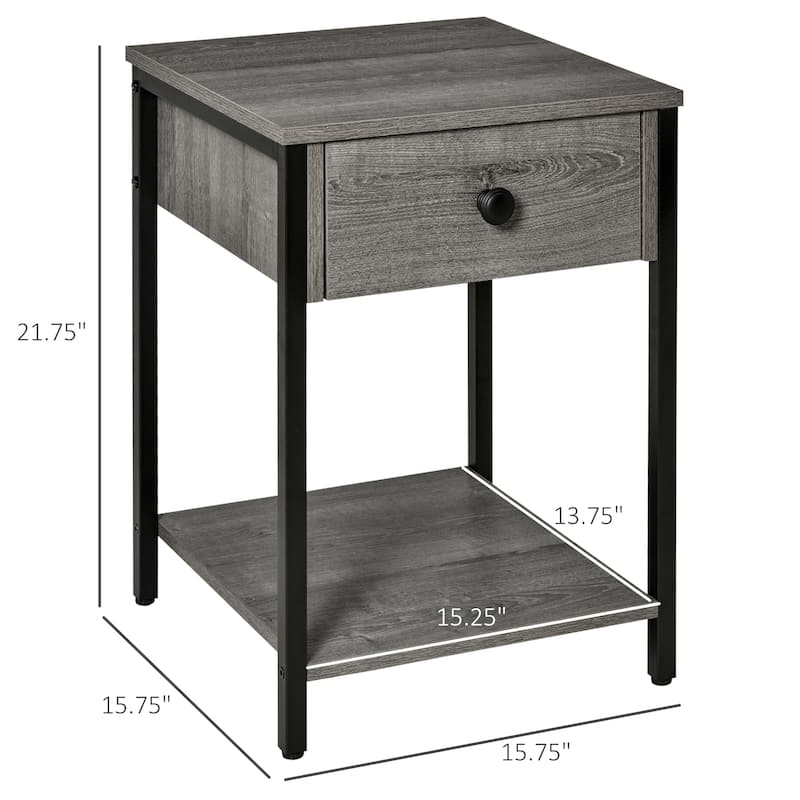 HOMCOM Industrial Side Table with Storage Shelf, Accent Table with Drawer for Living Room, or Bedroom, Rustic Brown