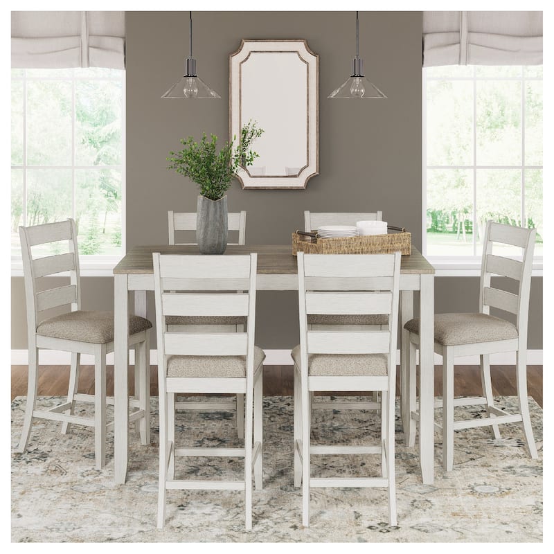 Signature Design by Ashley Skempton White Counter Height Dining Table and Bar Stools (Set of 7) - 60" W x 36" D x 36" H - White/Light Brown