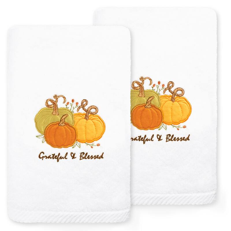 Authentic Hotel and Spa Grateful & Blessed - Embroidered Luxury 100% Turkish Cotton Hand Towels (Set of 2) - White