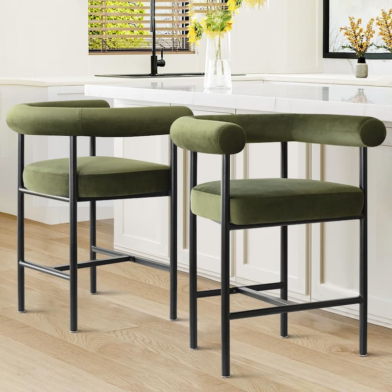 24" Seat Height Velvet Counter Stools (Set Of 2) - Olive